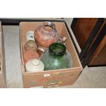 A box containing a green glass carboy; various stu