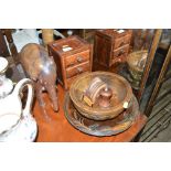 A carved wooden elephant; a table top chest; a har