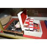 A box of costume jewellery; a jewellery stand and