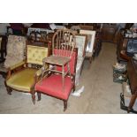 A late Victorian mahogany nursing chair and an elm