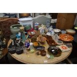 An enamel bread bin; two book racks; a Chinese blu