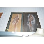 Two framed pastel studies depicting braces of phea