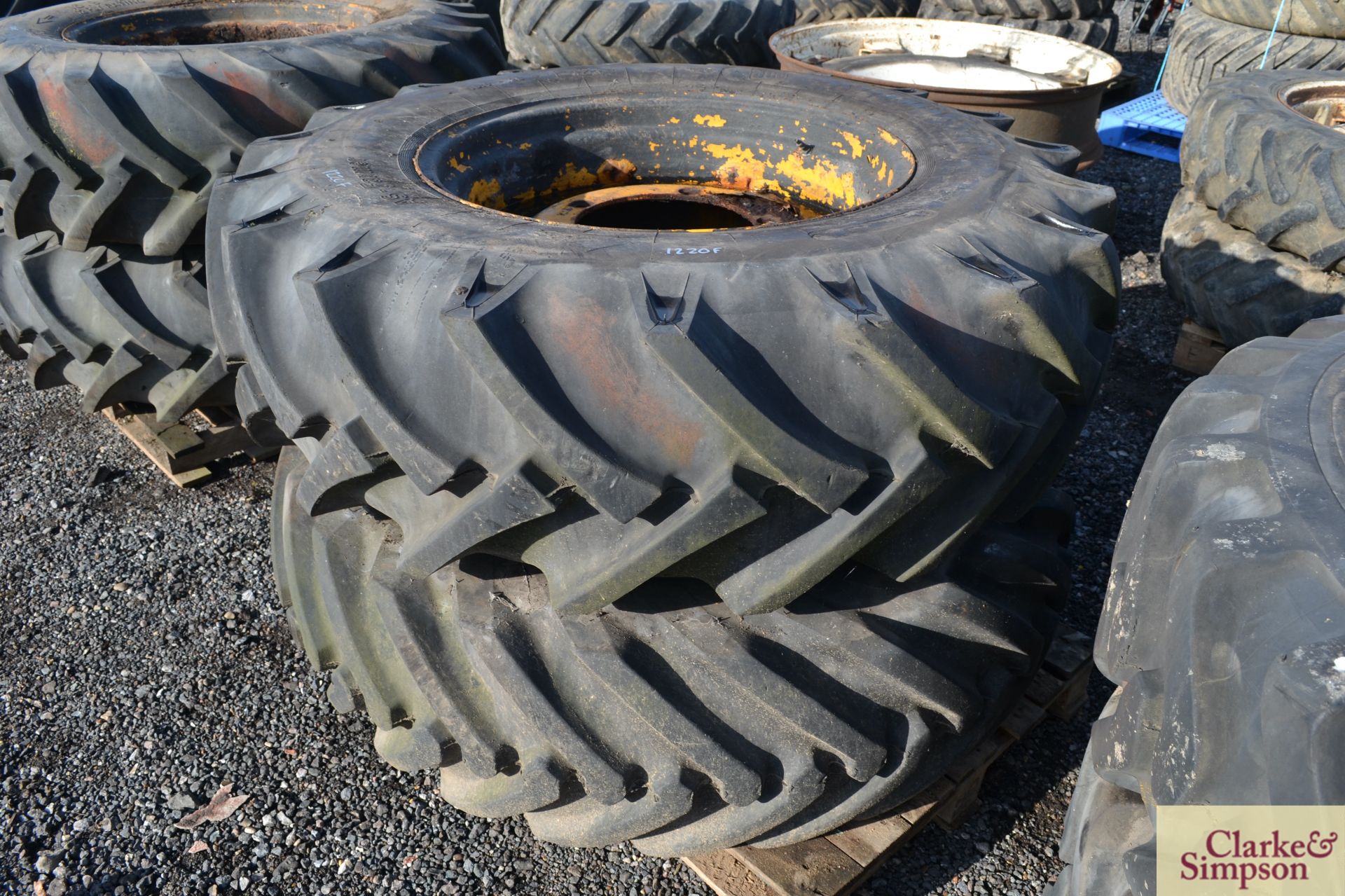 Pair of JCB 3CX 16.9R28 rear wheels and tyres. *