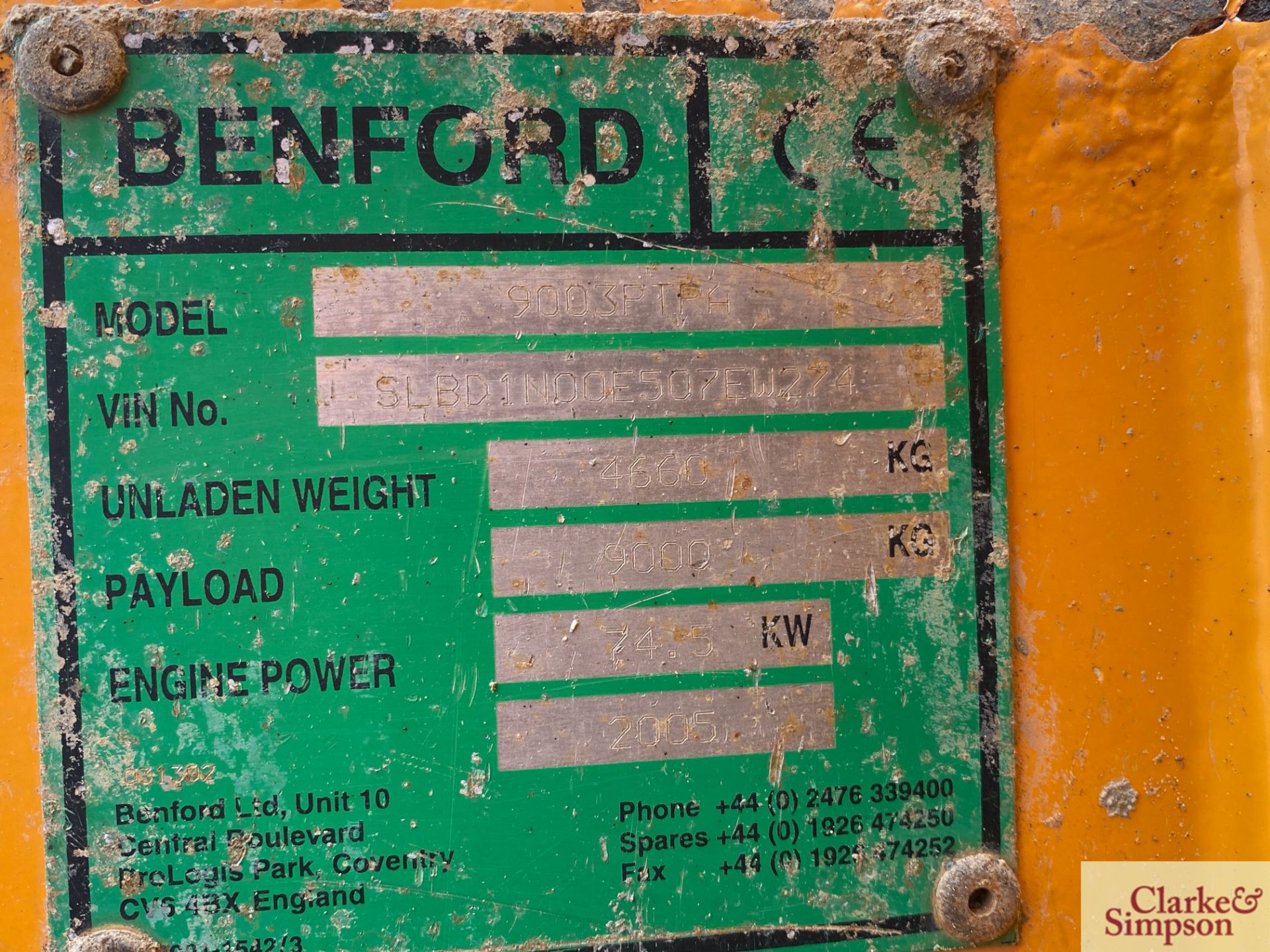 Benford 9T 4WD pivot steer dumper. 2005. Serial number SLBDINOOE507EW274. 500/60R22.5 wheels and - Image 38 of 38