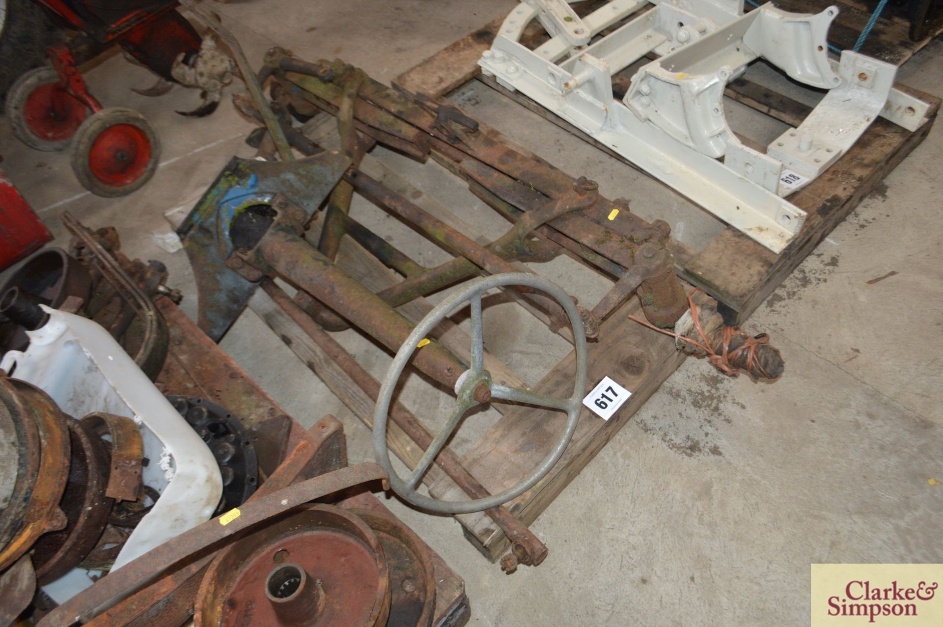 Fordson E27N row crop front axle and steering box.