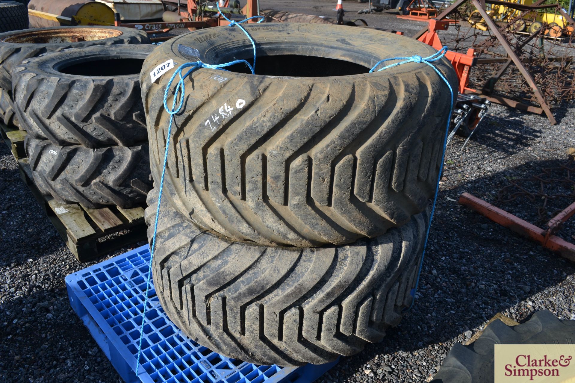 Pair 500/60R22.5 tyres. Suit 10T dumper or trailer.