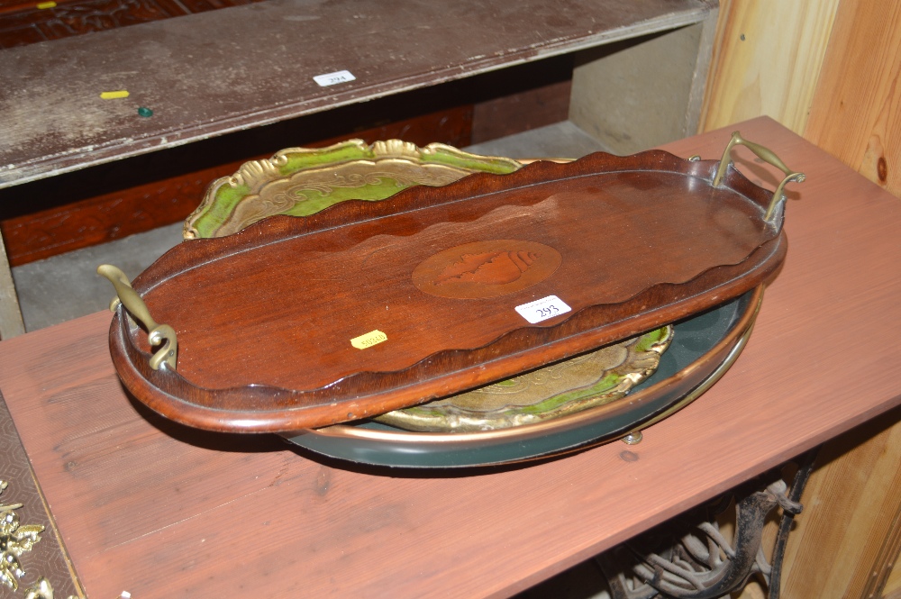 A mahogany and inlaid twin handled tray and three