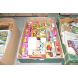 A box of various toy vehicles