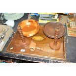 An Edwardian style oak drinks tray; a wooden fruit