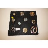 Ten various costume brooches on cloth