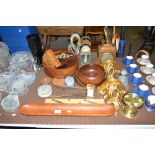 A collection of various wooden and metal ware to i