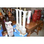 Three painted wooden table lamp bases with turned