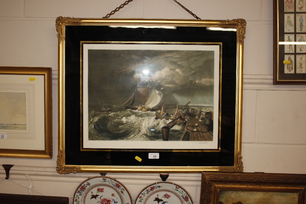 A pencil signed coloured print depicting ships in