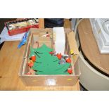 A box of various Christmas decorations; dominoes s