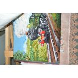 An approx 4'4" x 2'3" wool rug depicting a train