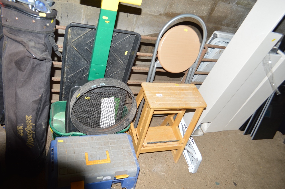 A quantity of gardening items; folding stool etc