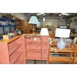 Two brass table lamps; a floor standing adjustable