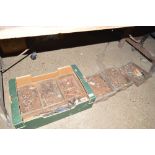 A box and three wooden drawers of various nuts and