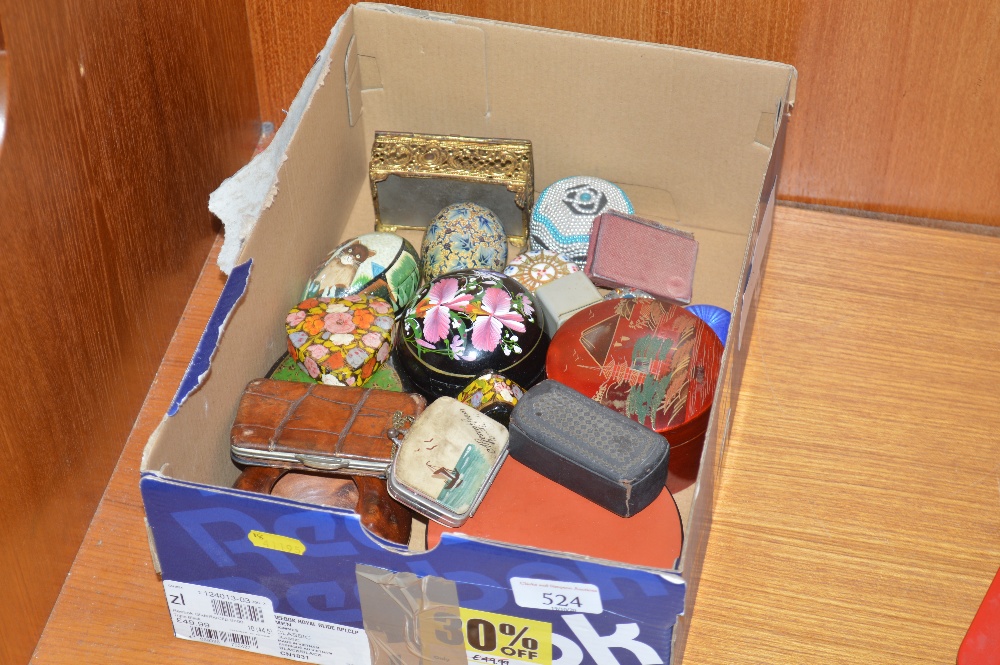 A box of various trinket boxes; a silver mounted b