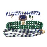 A set of Malachite beads; a pair of similar stud e