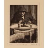 Bill Jacklin born 1943, etching of a man eating at