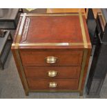 A pair of leather and brass mounted three drawer b