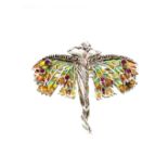 A silver Plique A Jour enamel girl butterfly brooc