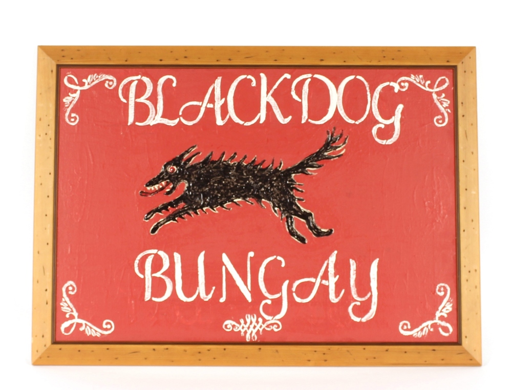 "Black Dog Bungay", mixed medium on board