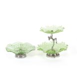 A 1930' moulded green glass two tier cake stand wi