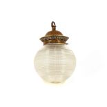 A cut glass and brass globular pendant ceiling lam