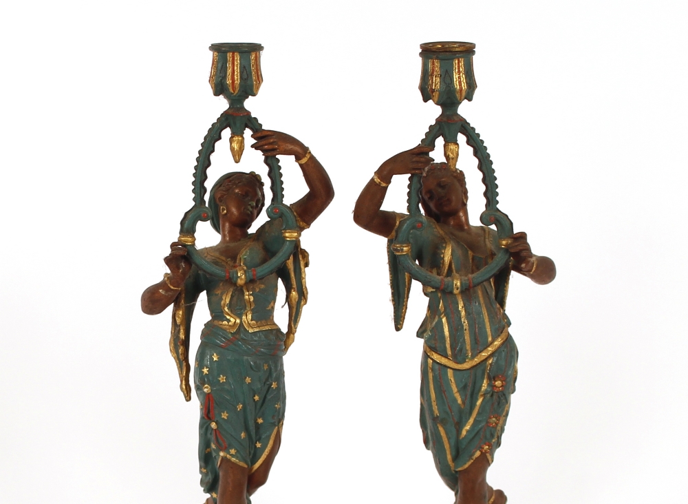 A pair of painted Spelter candlesticks in the form - Image 2 of 2