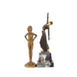 An Art Deco bronzed figure of a naked girl; and a
