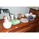 An egg tureen; a cake stand; a Masons ironstone Ch