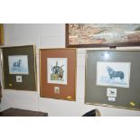 Three framed coloured prints, two depicting horses