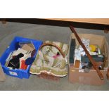 Two boxes and a wicker basket containing various s