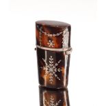 An antique tortoise shell and white metal inlaid Etui, fitted with a glass scent bottle and stopper