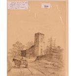 George Frost 1754-1821, Suffolk church with horse and cart in the foreground, inscribed pencil