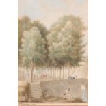 P Lecuyer, study of figures amongst an avenue of trees, inscribed and dated 1821, watercolour 17cm x