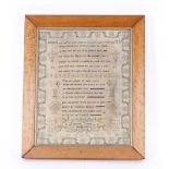 An early 19th Century needlework sampler, by Elizabeth Tawell aged 8, dated 1829, contained in a