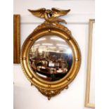 A Regency style gilt convex wall mirror, with eagle surmount and ball decoration above acanthus