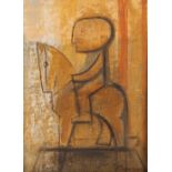 Dorothy Morton, mixed media study abstract, figure on a horse, signed work on board, 30cm x 22cm