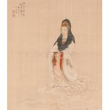 A pair of Chinese watercolours on silk, one depicting a maiden carrying a ewer and olive branch in