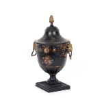 A Regency Toleware chestnut urn, having gilt decoration and rams head mask ring handles, the lid