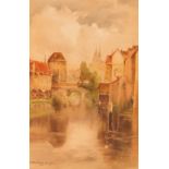 L Burleigh Bruhl, canal scene possibly Bruges, signed watercolour, 54cm x 32cm