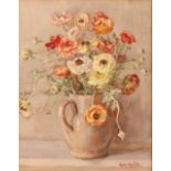 Rose Mead, still life study of flowers in a pottery jug, signed watercolour, 38cm x 29cm