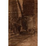 Frederick Hans Haargensen 1877-1943, dockyard scene possibly Grimsby, charcoal on paper, 64cm x 40cm