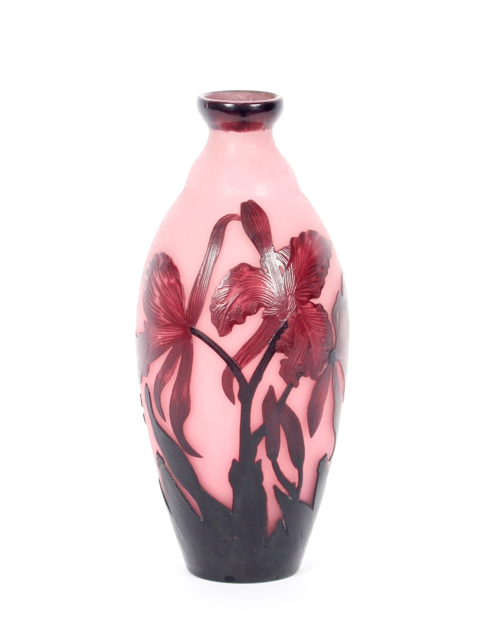 A De Latte Nancy cameo glass baluster vase, with relief etched floral decoration on a mauve tinted