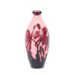 A De Latte Nancy cameo glass baluster vase, with relief etched floral decoration on a mauve tinted