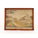 An old tapestry picture, entitled "Hellerau" framed and glazed overall size 33cm x 44cm