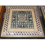 A pair of marble and specimen inlaid low occasional tables, brass bound and raised on square